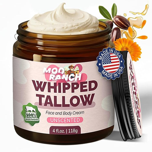 Whipped Beef Tallow for Skin – Grass-Fed Tallow Balm Moisturizer with Jojoba Oil, Manuka Honey & Calendula – For Face, Lips, Hands & Body – For Dry or Sensitive Skin.