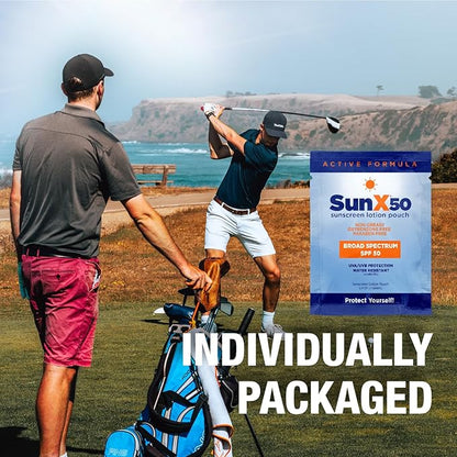 CoreTex Sun X 50 SPF Broad Spectrum Sunscreen Packets - Bulk Pack of 100 Paraben, Oxybenzone, Octinoxate, & Oil Free Sunscreen - No White Cast and Water & Sweat Resistant Up to 80 Minutes