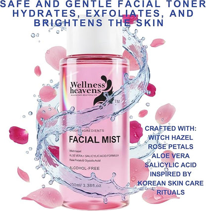 Hydrating Toner for Face, Refreshing Facial Mist with Witch Hazel, Rose Water, Salicylic & Glycolic Acid | A Zero Pore Cleanser, Helps Fade Dark Spots & Minimize Pores, Alcohol-Free Toner, 100 ml