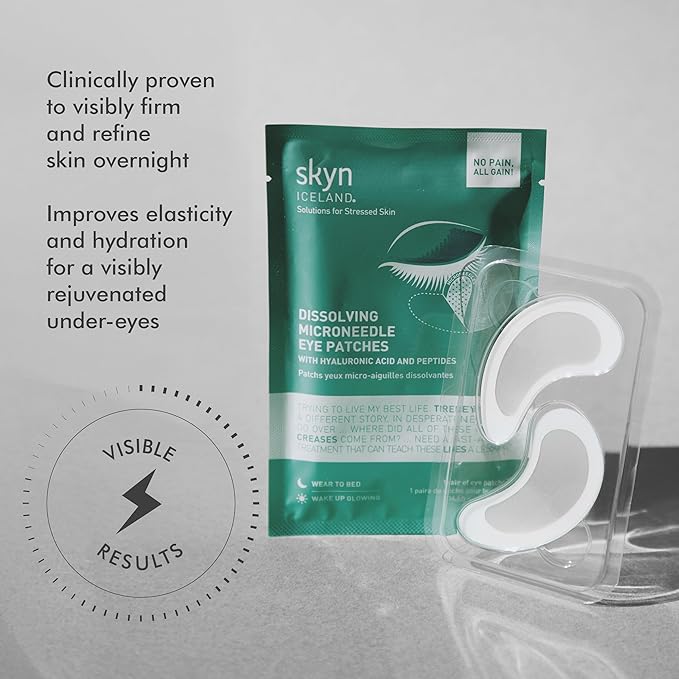 skyn ICELAND Dissolving Microneedle Under Eye Patches with 39% Hyaluronic Acid and Peptides, No Slip Overnight Eye Mask for Fine Lines, Wrinkles and Firming, Vegan, All Skin Types, 8 Pairs