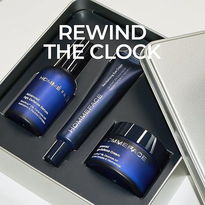 HOMMEFACE Men’s Advanced Age Defense 3-Piece Anti-Aging Skincare Set - Facial Serum, Eye Cream & Face Cream - Korean Skincare Technology with Volufiline, Ceramide, Hyaluronic Acid & Peptides