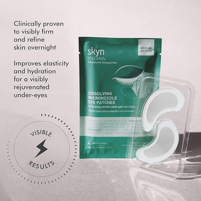 skyn ICELAND Dissolving Microneedle Under Eye Patches with 39% Hyaluronic Acid and Peptides, No Slip Overnight Eye Mask for Fine Lines, Wrinkles and Firming, Vegan, All Skin Types, 3 Pairs