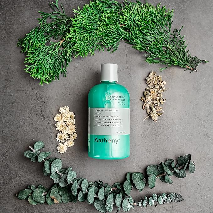 Anthony Glycolic Facial Cleanser, Facial Scrub, Blue Sea Kelp Body Scrub, and Invigorating Rush Hair and Body Wash - 8 Fl Oz, 8 Fl Oz, 12 Fl Oz, 12 Fl Oz